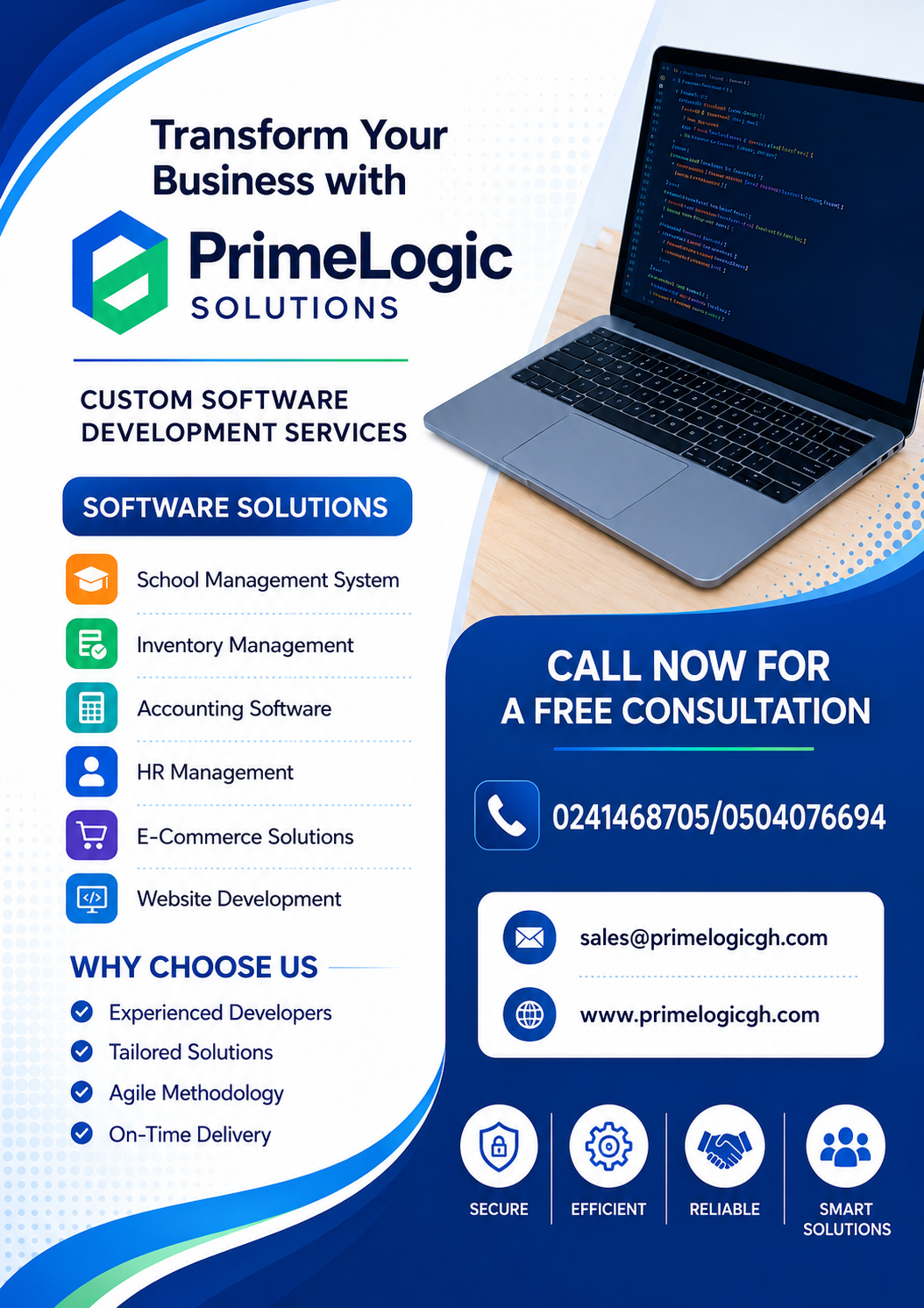 PrimeLogic custom software development flyer